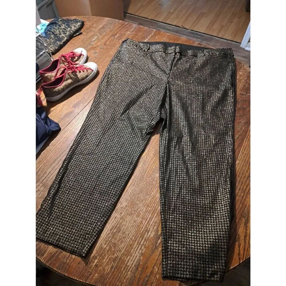 Lane Bryant Size 28 Black Gold Metallic Pants Elastic Waist Slit Ankle Holidays